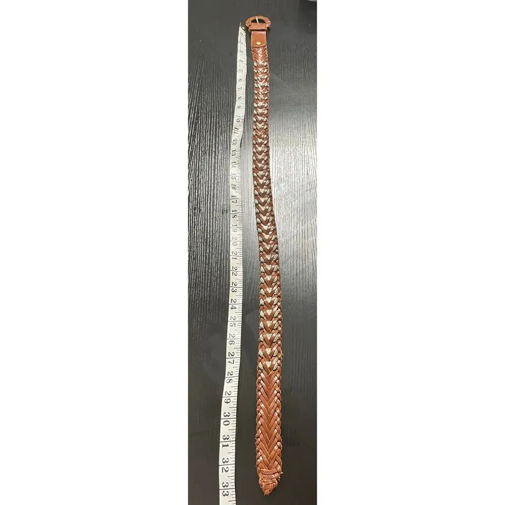 Unique Vintage Boho 90s Braided Leather Belt w/ Silver Metal Decorative Inserts